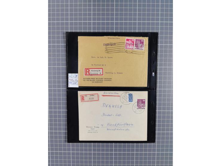 1945/59 (ca.), Bizone und Saarland, Partie mit rund 240 Belegen, interessante Frankaturen, dabei Mi.-Nr 33aBz und 19Az(12) au