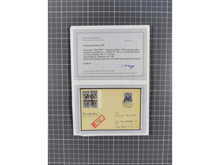 1945/59 (ca.), Bizone und Saarland, Partie mit rund 240 Belegen, interessante Frankaturen, dabei Mi.-Nr 33aBz und 19Az(12) au