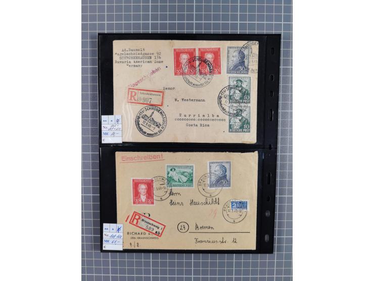 1945/59 (ca.), Bizone und Saarland, Partie mit rund 240 Belegen, interessante Frankaturen, dabei Mi.-Nr 33aBz und 19Az(12) au