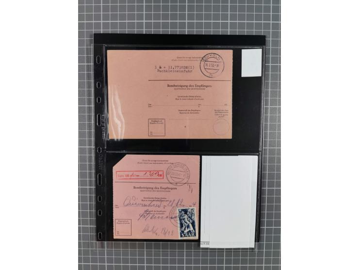1945/59 (ca.), Bizone und Saarland, Partie mit rund 240 Belegen, interessante Frankaturen, dabei Mi.-Nr 33aBz und 19Az(12) au
