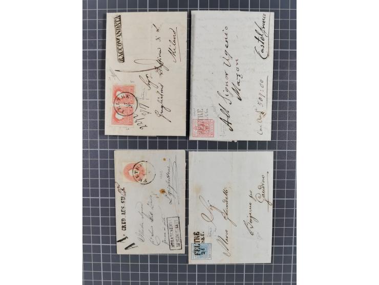 FELTRE: 8 frankierte Briefe, und Postscheine, dabei Einschreiben, 3 Kreuzer-Frankatur 1. Ausgabe, 15 C. mit Plattenfehler ‘re