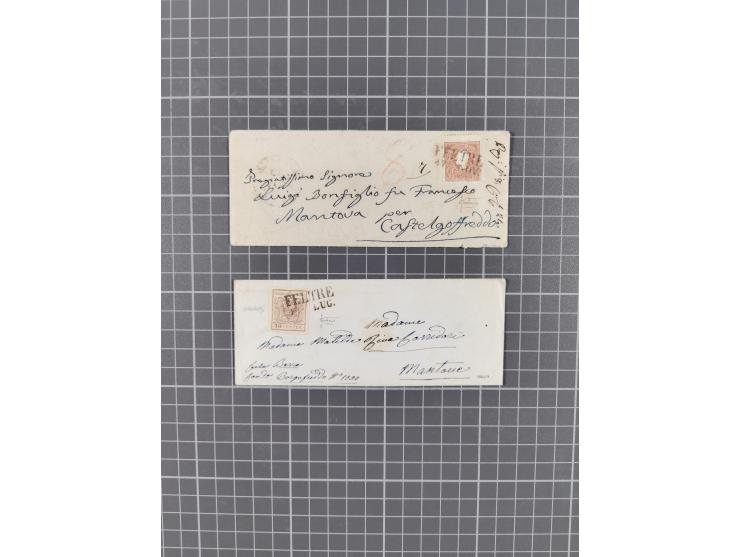 FELTRE: 8 frankierte Briefe, und Postscheine, dabei Einschreiben, 3 Kreuzer-Frankatur 1. Ausgabe, 15 C. mit Plattenfehler ‘re