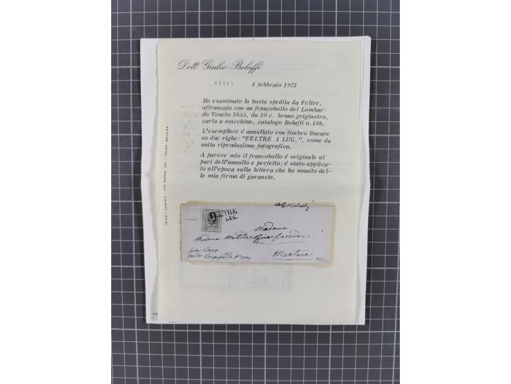 FELTRE: 8 frankierte Briefe, und Postscheine, dabei Einschreiben, 3 Kreuzer-Frankatur 1. Ausgabe, 15 C. mit Plattenfehler ‘re