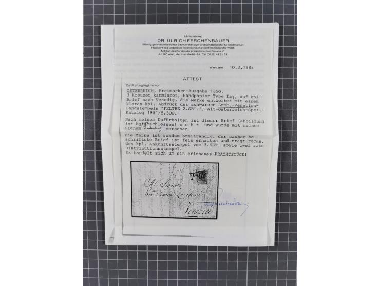 FELTRE: 8 frankierte Briefe, und Postscheine, dabei Einschreiben, 3 Kreuzer-Frankatur 1. Ausgabe, 15 C. mit Plattenfehler ‘re