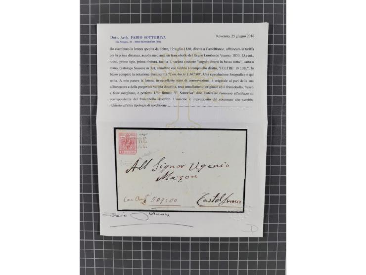 FELTRE: 8 frankierte Briefe, und Postscheine, dabei Einschreiben, 3 Kreuzer-Frankatur 1. Ausgabe, 15 C. mit Plattenfehler ‘re