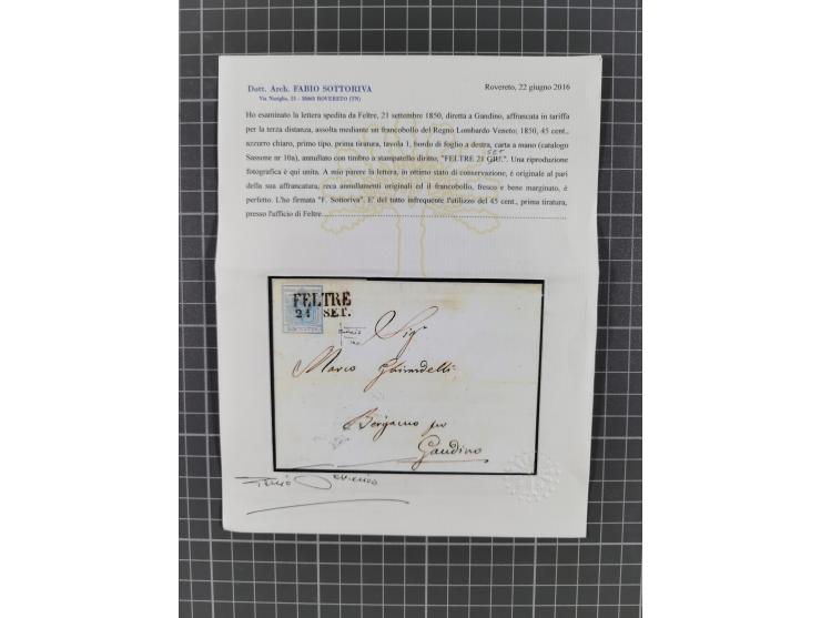 FELTRE: 8 frankierte Briefe, und Postscheine, dabei Einschreiben, 3 Kreuzer-Frankatur 1. Ausgabe, 15 C. mit Plattenfehler ‘re