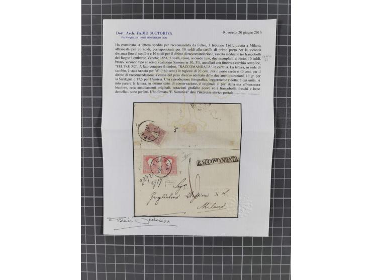 FELTRE: 8 frankierte Briefe, und Postscheine, dabei Einschreiben, 3 Kreuzer-Frankatur 1. Ausgabe, 15 C. mit Plattenfehler ‘re