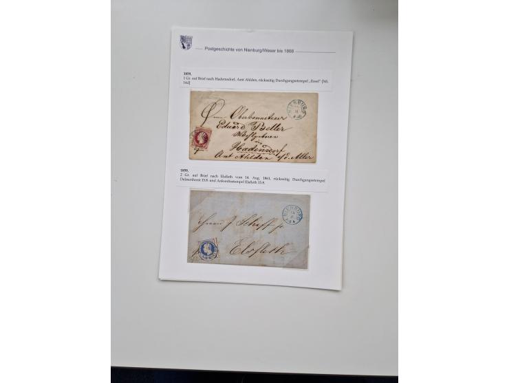1613/1866 (ca.), Heimatsammlung Nienburg a.d. Weser mit Marken, Briefstücken und rund 80 Briefen, Ganzsachen, Post scheinen, 