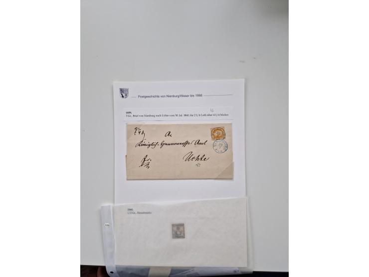 1613/1866 (ca.), Heimatsammlung Nienburg a.d. Weser mit Marken, Briefstücken und rund 80 Briefen, Ganzsachen, Post scheinen, 