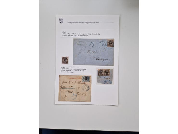 1613/1866 (ca.), Heimatsammlung Nienburg a.d. Weser mit Marken, Briefstücken und rund 80 Briefen, Ganzsachen, Post scheinen, 