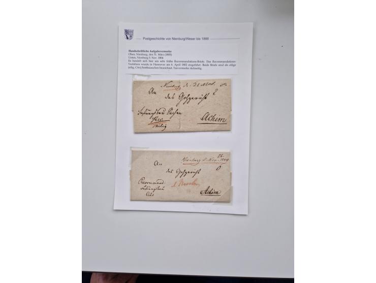 1613/1866 (ca.), Heimatsammlung Nienburg a.d. Weser mit Marken, Briefstücken und rund 80 Briefen, Ganzsachen, Post scheinen, 