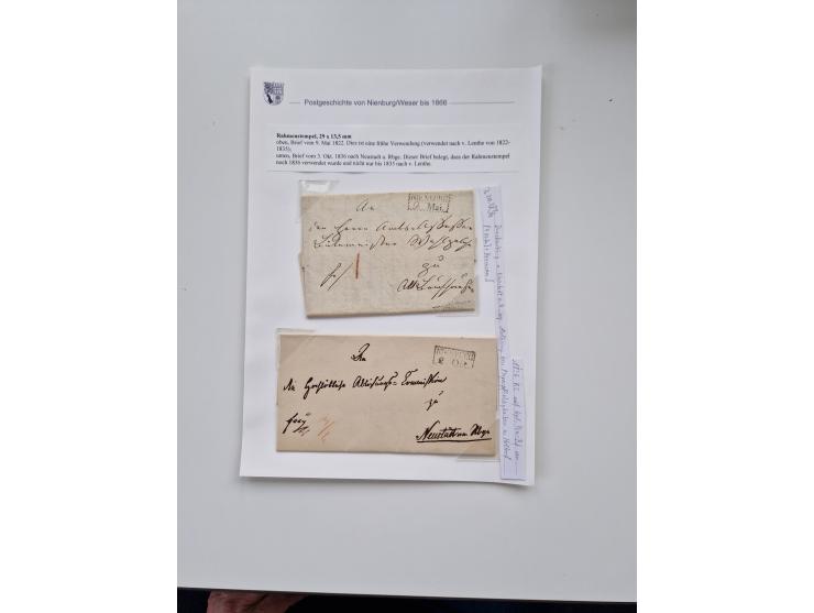 1613/1866 (ca.), Heimatsammlung Nienburg a.d. Weser mit Marken, Briefstücken und rund 80 Briefen, Ganzsachen, Post scheinen, 