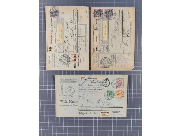 1881/1925, Partie von 62 Auslandspaketkarten mit meist Frankaturen Pfennig, Krone/Adler, Germania und nur wenig später, u.a. 