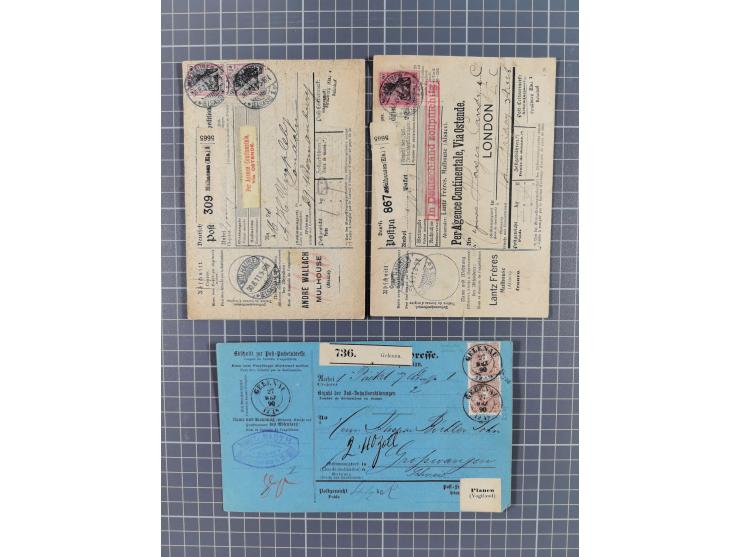 1881/1925, Partie von 62 Auslandspaketkarten mit meist Frankaturen Pfennig, Krone/Adler, Germania und nur wenig später, u.a. 