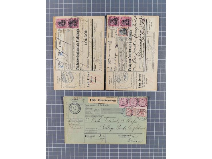 1881/1925, Partie von 62 Auslandspaketkarten mit meist Frankaturen Pfennig, Krone/Adler, Germania und nur wenig später, u.a. 