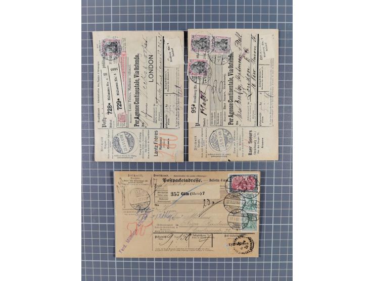 1881/1925, Partie von 62 Auslandspaketkarten mit meist Frankaturen Pfennig, Krone/Adler, Germania und nur wenig später, u.a. 