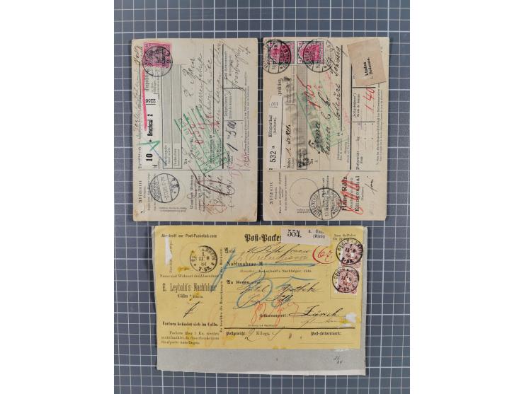 1881/1925, Partie von 62 Auslandspaketkarten mit meist Frankaturen Pfennig, Krone/Adler, Germania und nur wenig später, u.a. 
