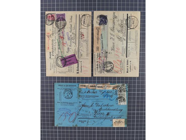 1881/1925, Partie von 62 Auslandspaketkarten mit meist Frankaturen Pfennig, Krone/Adler, Germania und nur wenig später, u.a. 