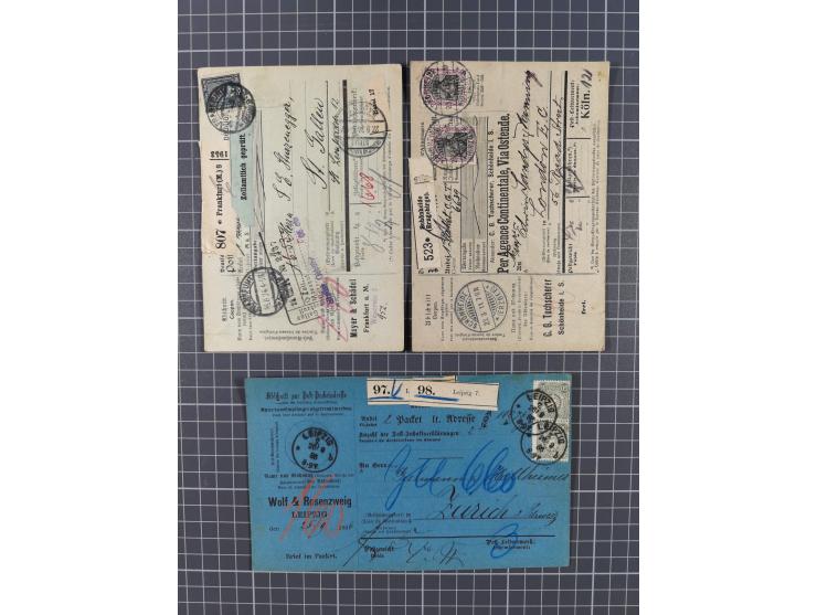 1881/1925, Partie von 62 Auslandspaketkarten mit meist Frankaturen Pfennig, Krone/Adler, Germania und nur wenig später, u.a. 