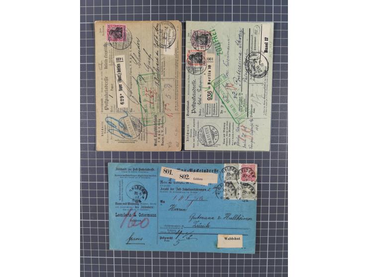 1881/1925, Partie von 62 Auslandspaketkarten mit meist Frankaturen Pfennig, Krone/Adler, Germania und nur wenig später, u.a. 