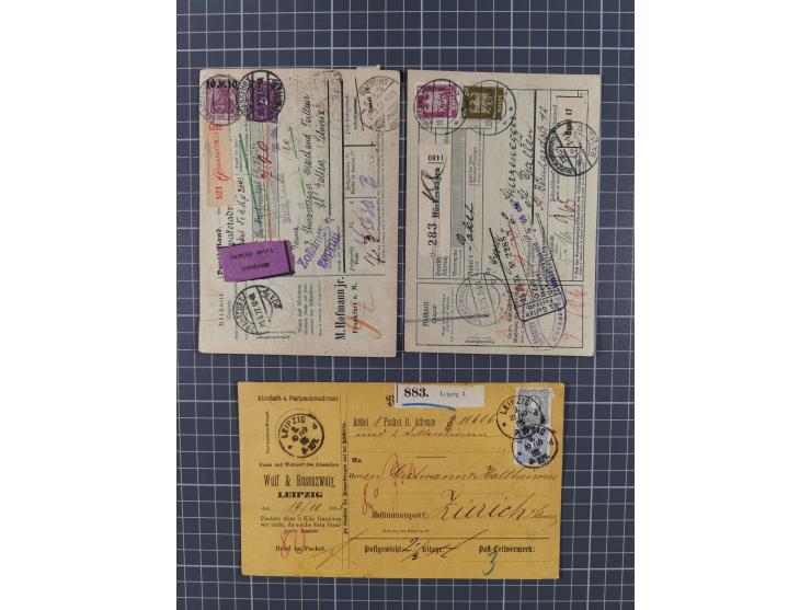 1881/1925, Partie von 62 Auslandspaketkarten mit meist Frankaturen Pfennig, Krone/Adler, Germania und nur wenig später, u.a. 