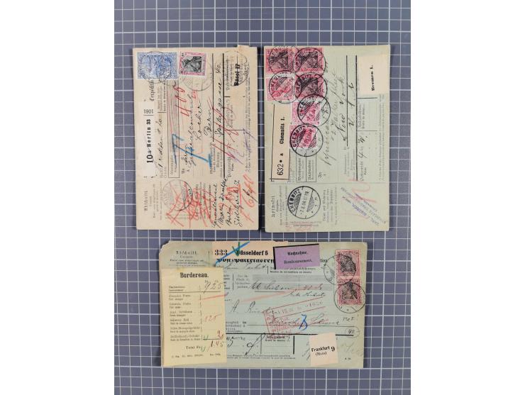1881/1925, Partie von 62 Auslandspaketkarten mit meist Frankaturen Pfennig, Krone/Adler, Germania und nur wenig später, u.a. 