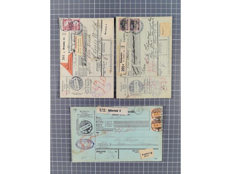 1881/1925, Partie von 62 Auslandspaketkarten mit meist Frankaturen Pfennig, Krone/Adler, Germania und nur wenig später, u.a. 