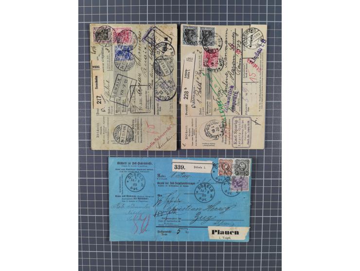 1881/1925, Partie von 62 Auslandspaketkarten mit meist Frankaturen Pfennig, Krone/Adler, Germania und nur wenig später, u.a. 