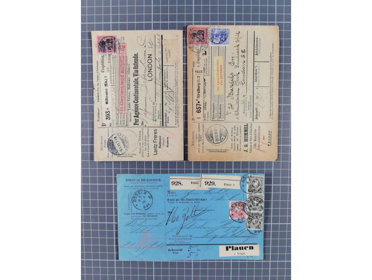 1881/1925, Partie von 62 Auslandspaketkarten mit meist Frankaturen Pfennig, Krone/Adler, Germania und nur wenig später, u.a. 