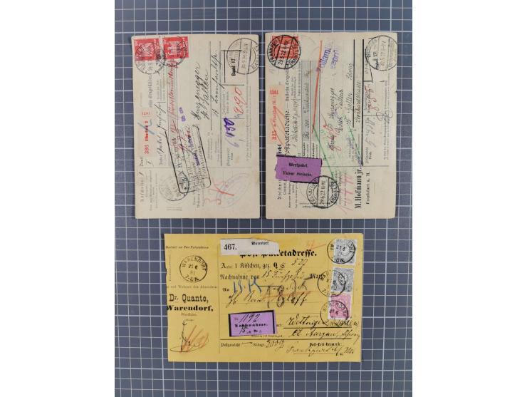 1881/1925, Partie von 62 Auslandspaketkarten mit meist Frankaturen Pfennig, Krone/Adler, Germania und nur wenig später, u.a. 