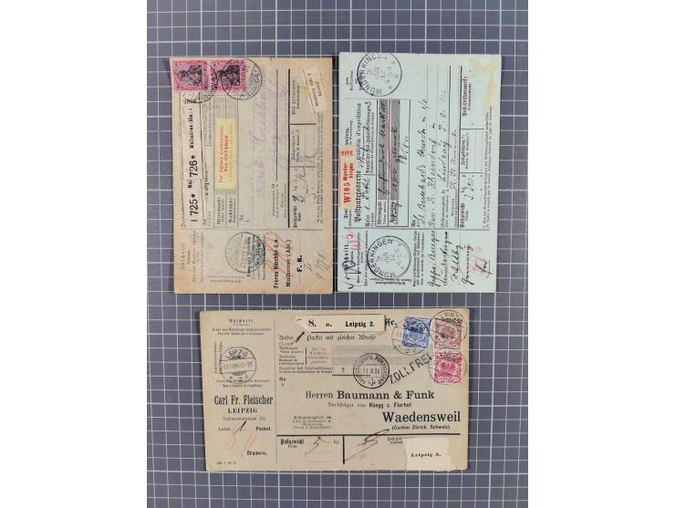 1881/1925, Partie von 62 Auslandspaketkarten mit meist Frankaturen Pfennig, Krone/Adler, Germania und nur wenig später, u.a. 
