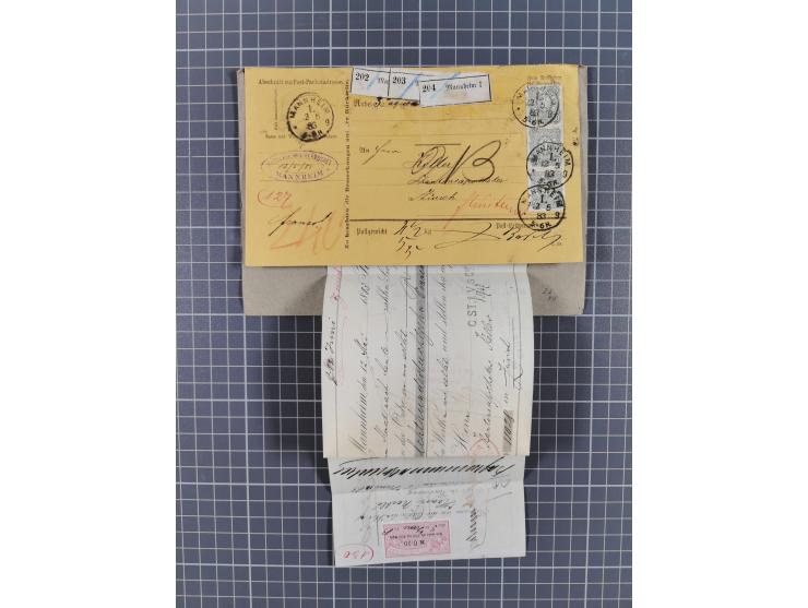 1881/1925, Partie von 62 Auslandspaketkarten mit meist Frankaturen Pfennig, Krone/Adler, Germania und nur wenig später, u.a. 