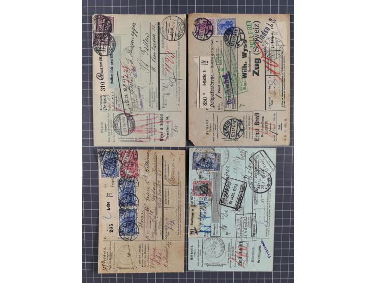 1881/1925, Partie von 62 Auslandspaketkarten mit meist Frankaturen Pfennig, Krone/Adler, Germania und nur wenig später, u.a. 