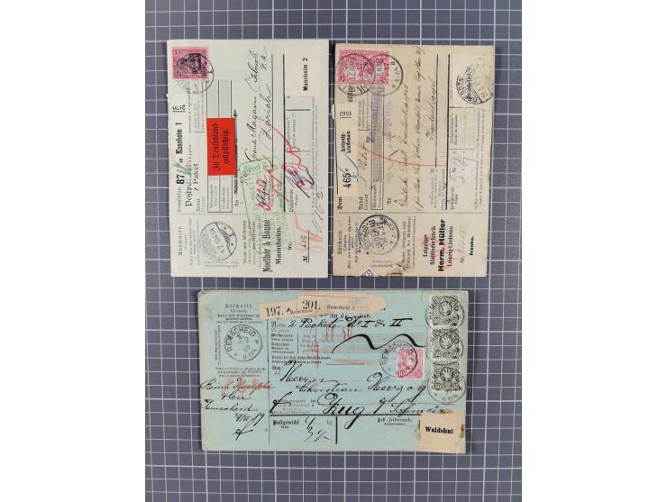 1881/1925, Partie von 62 Auslandspaketkarten mit meist Frankaturen Pfennig, Krone/Adler, Germania und nur wenig später, u.a. 