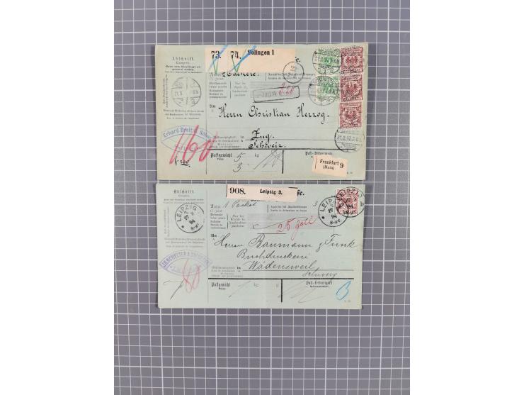 1881/1925, Partie von 62 Auslandspaketkarten mit meist Frankaturen Pfennig, Krone/Adler, Germania und nur wenig später, u.a. 