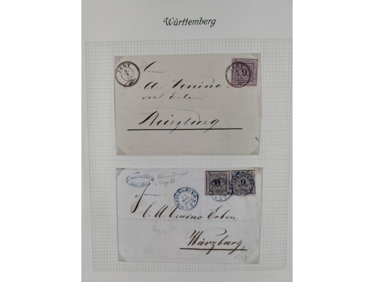 1851/1920, interessante gestempelte Sammlung mit 27 Briefen, dabei “MERGENTHEIM” L2 klar auf 1851 6 Kr. auf Brief nach Würzbu