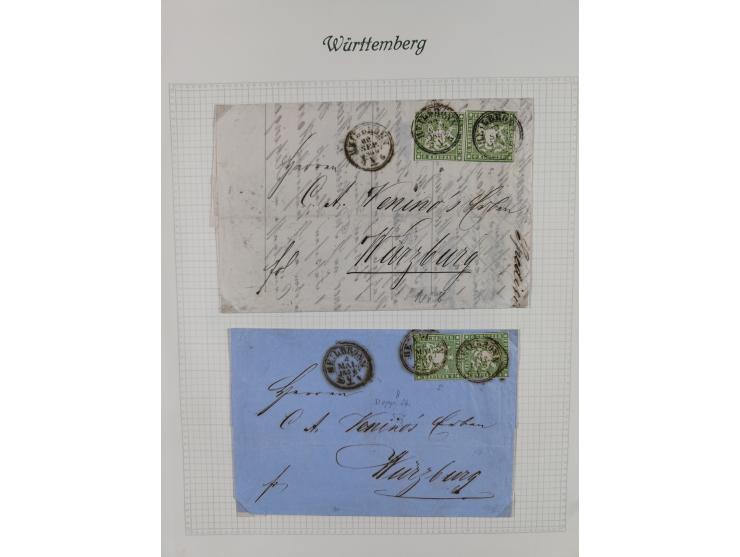 1851/1920, interessante gestempelte Sammlung mit 27 Briefen, dabei “MERGENTHEIM” L2 klar auf 1851 6 Kr. auf Brief nach Würzbu
