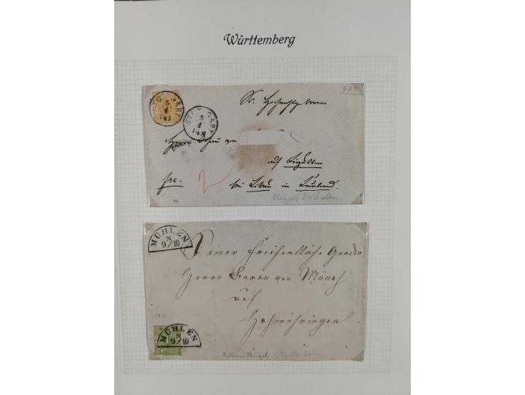 1851/1920, interessante gestempelte Sammlung mit 27 Briefen, dabei “MERGENTHEIM” L2 klar auf 1851 6 Kr. auf Brief nach Würzbu