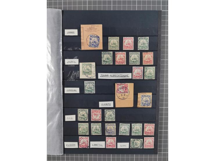 1900/14 (ca.), Abong-Mbang bis Victoria, umfangreiche Stempel-Sammlung auf losen Marken und vielen schönen Briefstücken mit ü