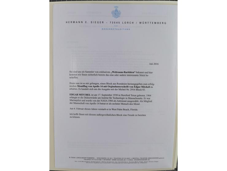 1962/2019, thematic collection with commemorative covers/cards and some MNH material, incl. imperfs, Romania 1971 Sojuz 11 so