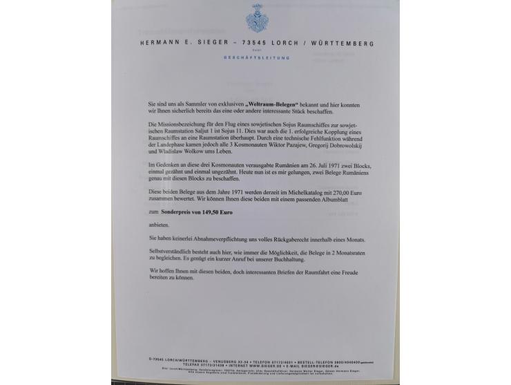 1962/2019, thematic collection with commemorative covers/cards and some MNH material, incl. imperfs, Romania 1971 Sojuz 11 so