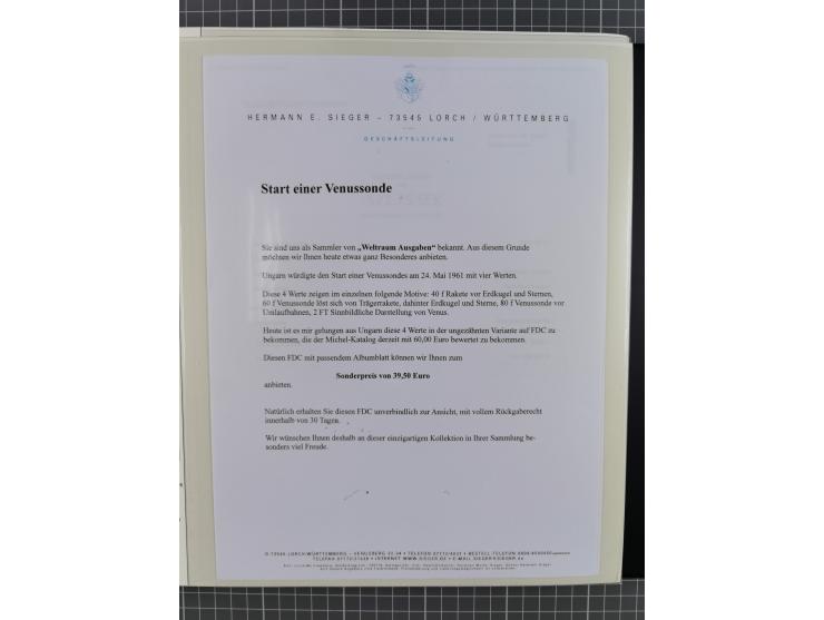 1962/2019, thematic collection with commemorative covers/cards and some MNH material, incl. imperfs, Romania 1971 Sojuz 11 so