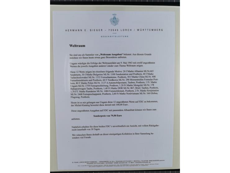 1962/2019, thematic collection with commemorative covers/cards and some MNH material, incl. imperfs, Romania 1971 Sojuz 11 so