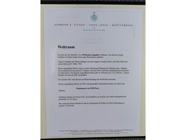 1962/2019, thematic collection with commemorative covers/cards and some MNH material, incl. imperfs, Romania 1971 Sojuz 11 so