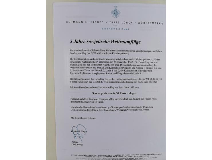 1962/2019, thematic collection with commemorative covers/cards and some MNH material, incl. imperfs, Romania 1971 Sojuz 11 so