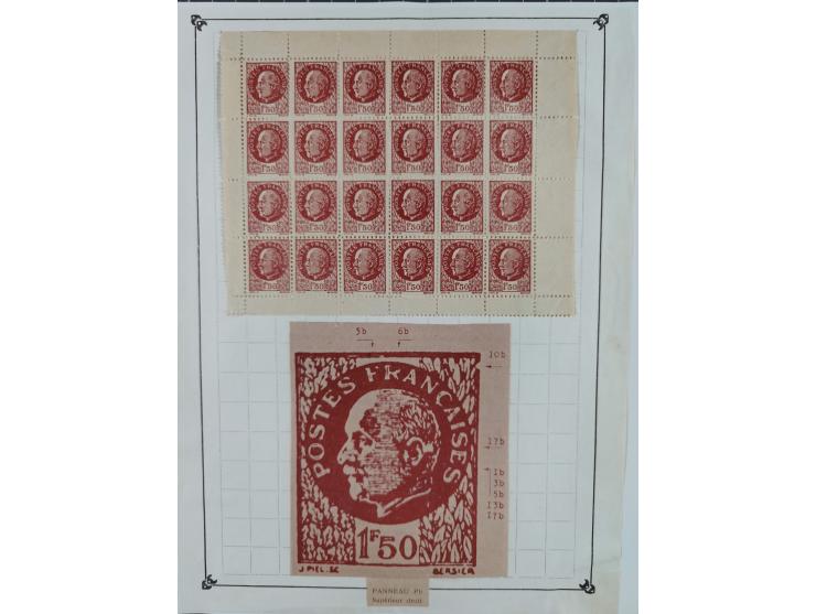 1944, Petain 1,50 Fr., kleine Spezialsammlung der Mi. 42, dabei ungezähnter und teilgezähnter Viererblock, Bogenteile, etc.