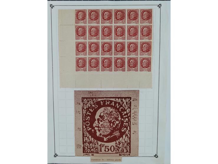 1944, Petain 1,50 Fr., kleine Spezialsammlung der Mi. 42, dabei ungezähnter und teilgezähnter Viererblock, Bogenteile, etc.