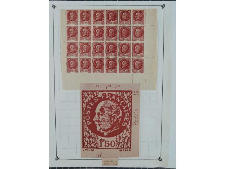 1944, Petain 1,50 Fr., kleine Spezialsammlung der Mi. 42, dabei ungezähnter und teilgezähnter Viererblock, Bogenteile, etc.