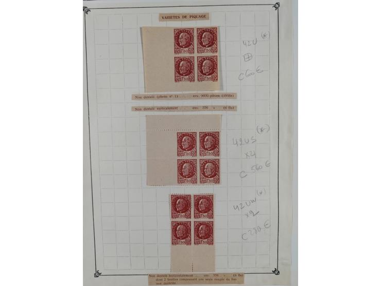 1944, Petain 1,50 Fr., kleine Spezialsammlung der Mi. 42, dabei ungezähnter und teilgezähnter Viererblock, Bogenteile, etc.