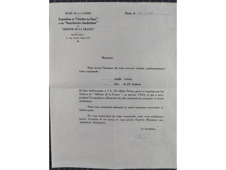 1944, Petain 1,50 Fr., kleine Spezialsammlung der Mi. 42, dabei ungezähnter und teilgezähnter Viererblock, Bogenteile, etc.